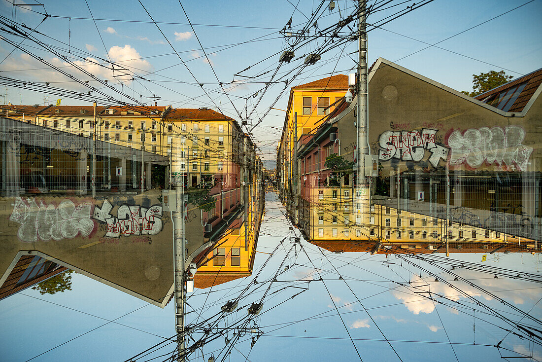 Double exposure of the trolley bus ranging station and it's powerlines in Geneva, Switzerland.
