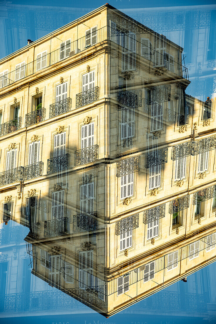 Doppelbelichtung von Wohngebäuden in Marseille, Frankreich.