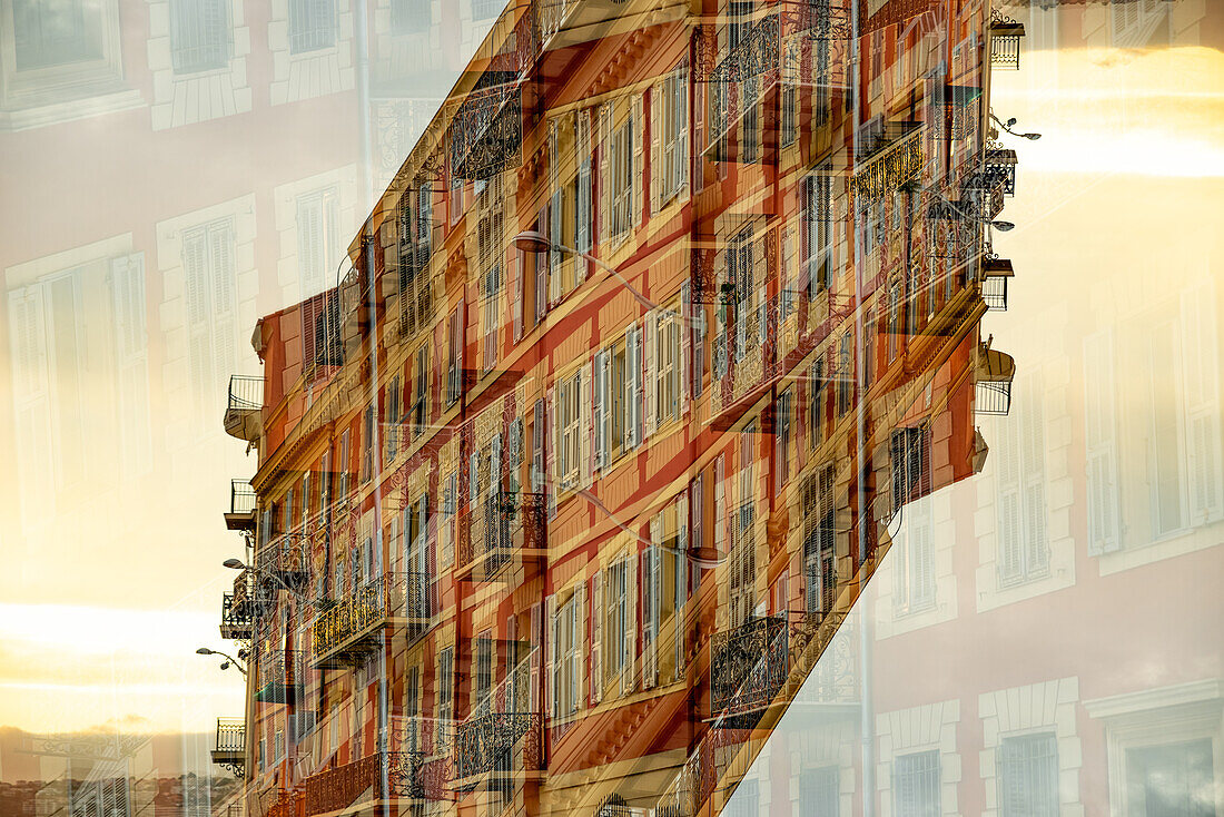 Double exposure of a colorful red house on the coast of Nice, France.