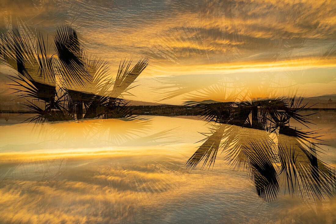 Double exposure of a summer sunset in Nice, France
