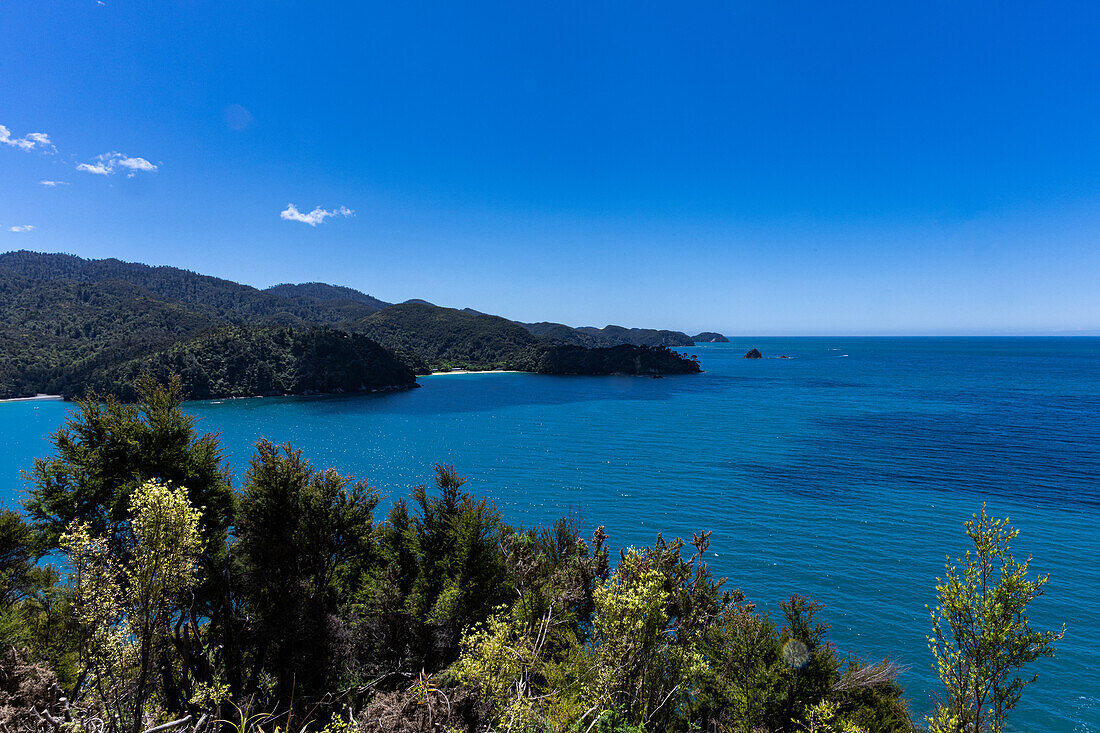 Blick auf den Abel-Tasman-Nationalpark von Wanderwegen im Park in der Nähe des Nelson Tasman Nationalpark auf der Südinsel Neuseeland