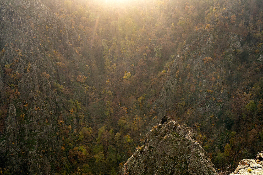 Blick von der Rosstrappe in das Bodetal im Harz bei Thale, Sachsen-Anhalt, Deutschland 