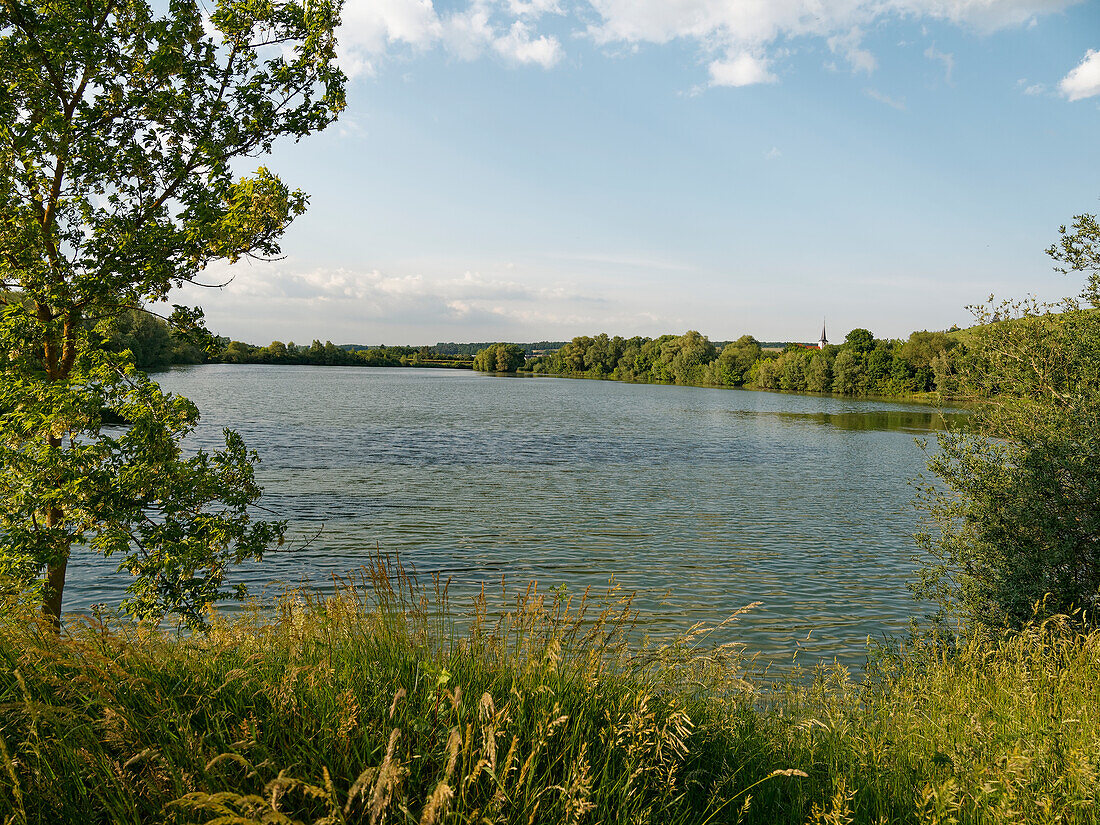 Abend am Obereisenheimer Badesee zwischen Main und der Mainebene bei Obereisenheim, Landkreis Würzburg, Franken, Unterfranken, Bayern, Deutschland