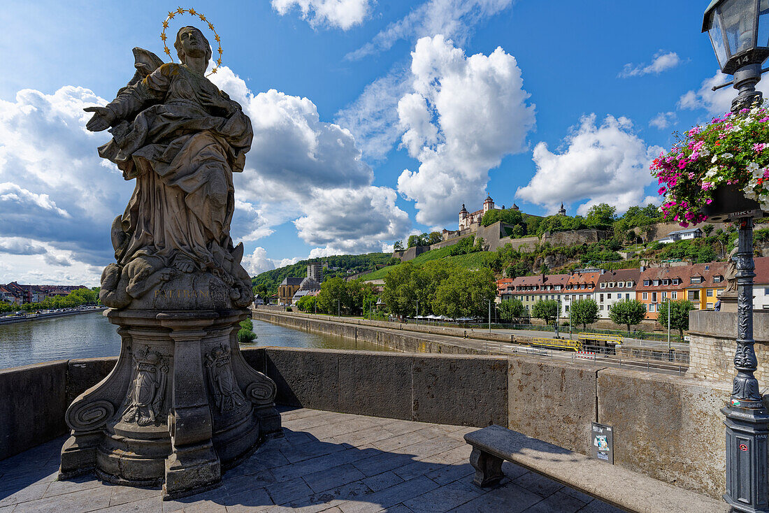 View of the Marienberg Fortress in Würzburg from the Old Main Bridge, Lower Franconia, Franconia, Bavaria, Germany