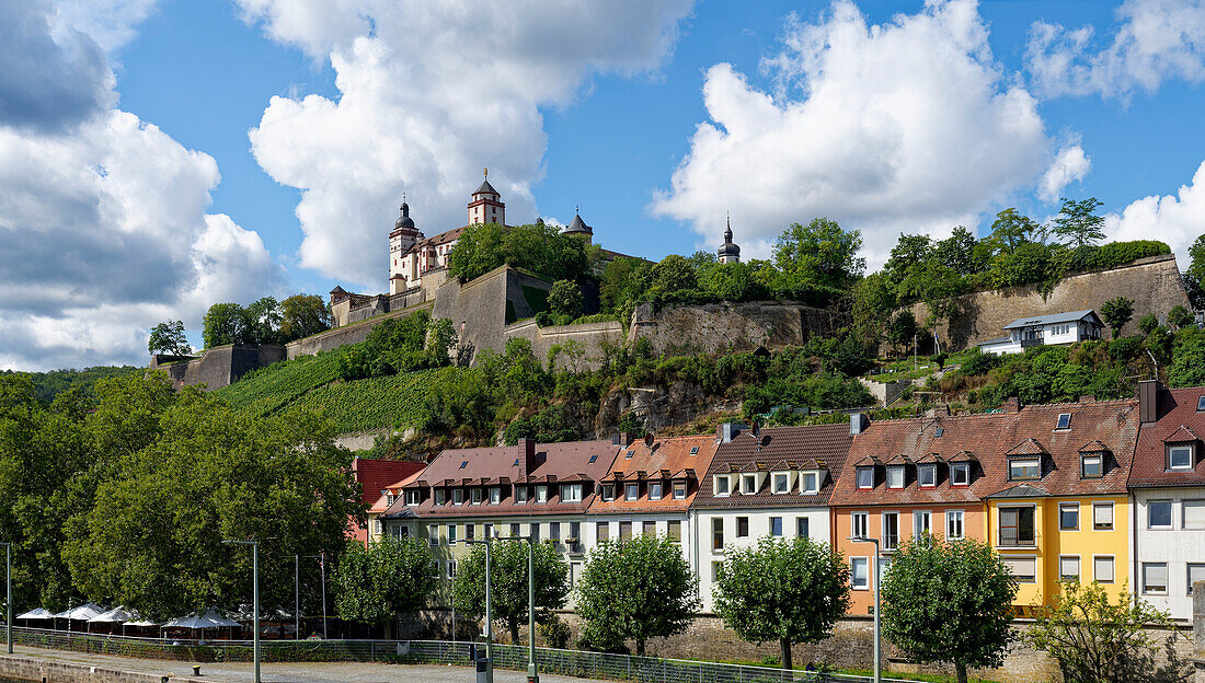 Blick auf die Festung Marienberg in Würzburg von der Alten Mainbrücke, Unterfranken, Franken, Bayern, Deutschland                           