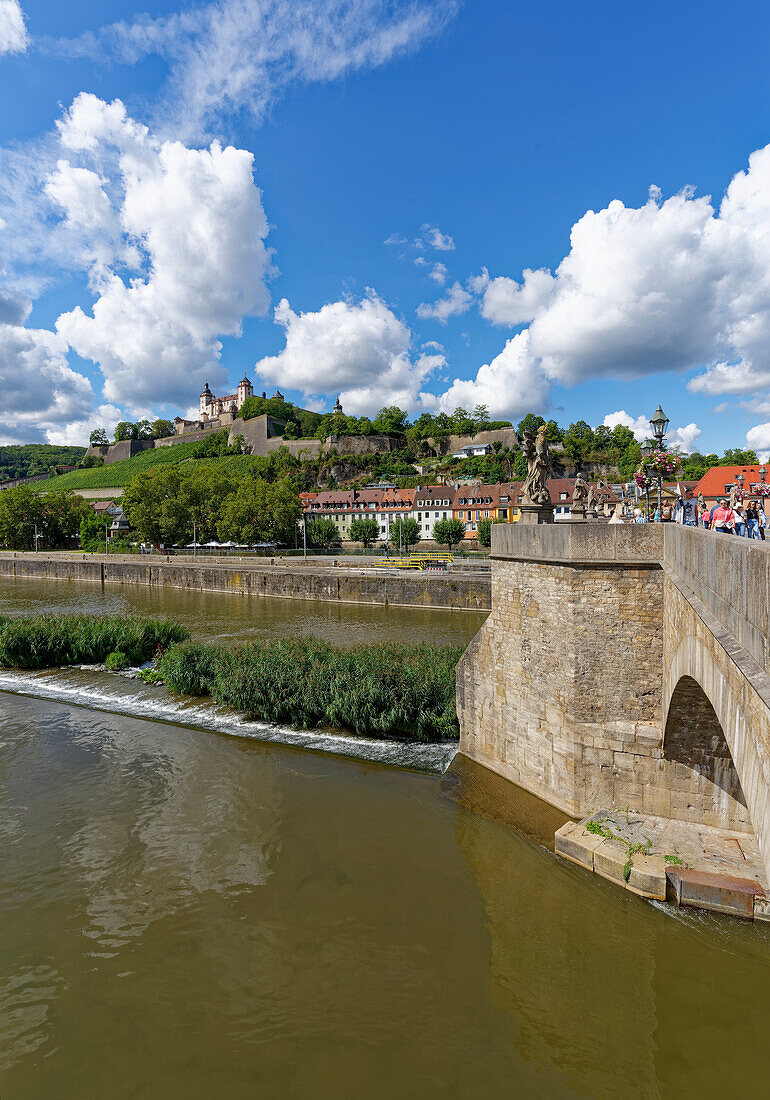 Blick auf die Festung Marienberg in Würzburg von der Alten Mainbrücke, Unterfranken, Franken, Bayern, Deutschland                           