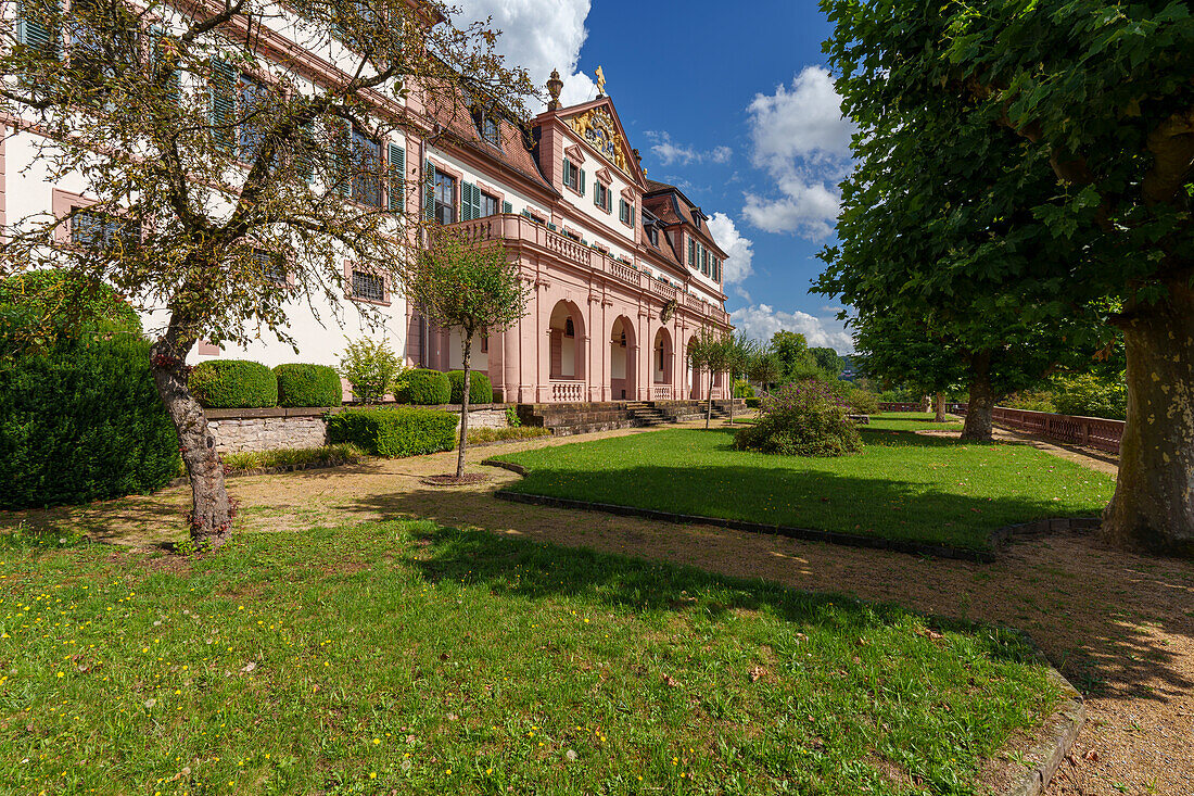 Castle garden at the Kellereischloss or also known as the Red Castle in the wine town of Hammelburg, Bad Kissingen district, Lower Franconia, Franconia, Bavaria, Germany