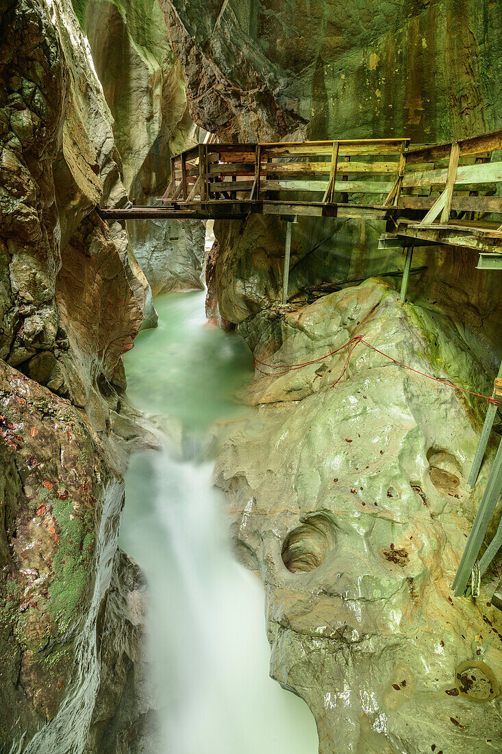 Holzsteg führt durch die Seisenbergklamm, Seisenbergklamm, Weißbach, Route der Klammen, Berchtesgadener Alpen, Salzburg, Österreich