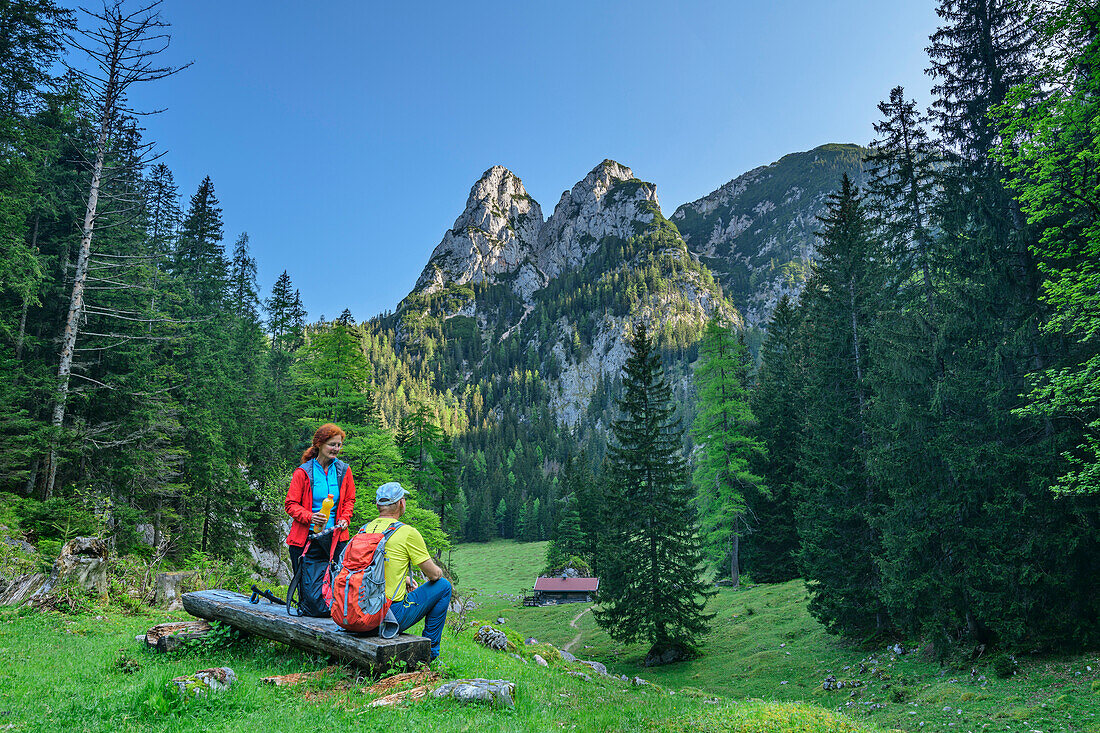 Mann und Frau beim Wandern machen Pause an Holzbank mit Blick auf Alm und Gipfel der Drei Brüder, Drei Brüder, Reiteralm, Berchtesgadener Alpen, Salzburg, Österreich