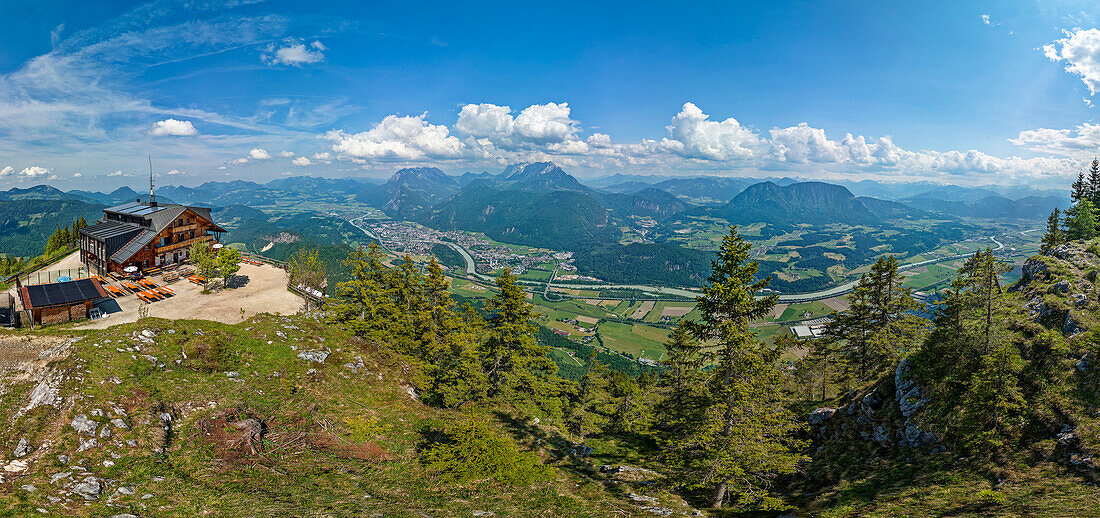 Pendling house with Inn Valley, Chiemgau Alps and Kaiser Mountains in the background, Brandenberg Alps, Tyrol, Austria