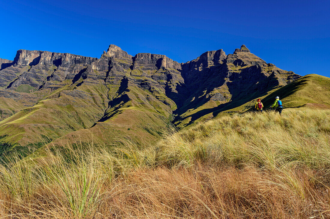 Mann und Frau beim Wandern mit Gipfel Old Woman Grinding Corn im Hintergrund, Contour Path, Injasuthi, Drakensberge, Kwa Zulu Natal, UNESCO Welterbe Maloti-Drakensberg, Südafrika