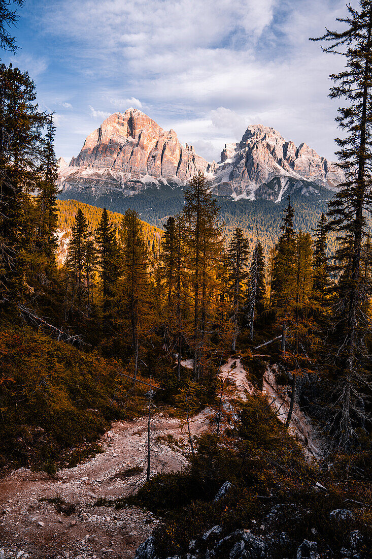 Mountain hike to the Croda da Lago mountain hut around the mountain lake Lago Federa, Dolomites, UNESCO World Heritage Site Dolomites, Veneto, Veneto, Italy