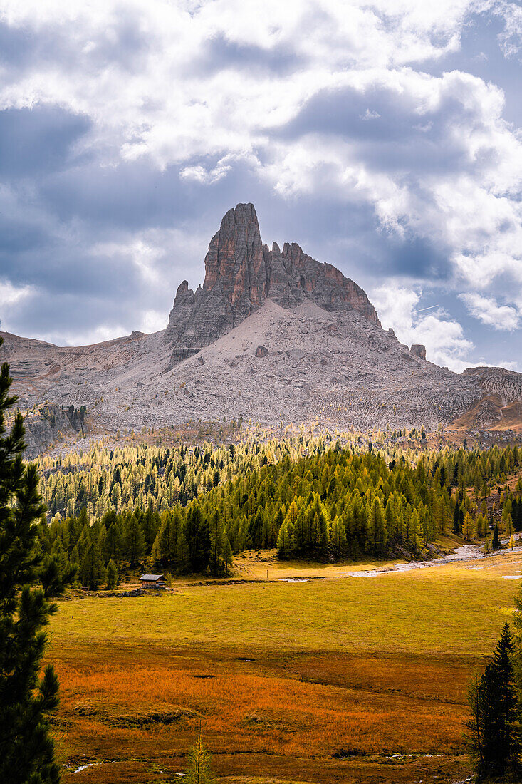 Mountain hike to the Croda da Lago mountain hut around the mountain lake Lago Federa, Dolomites, UNESCO World Heritage Site Dolomites, Veneto, Veneto, Italy