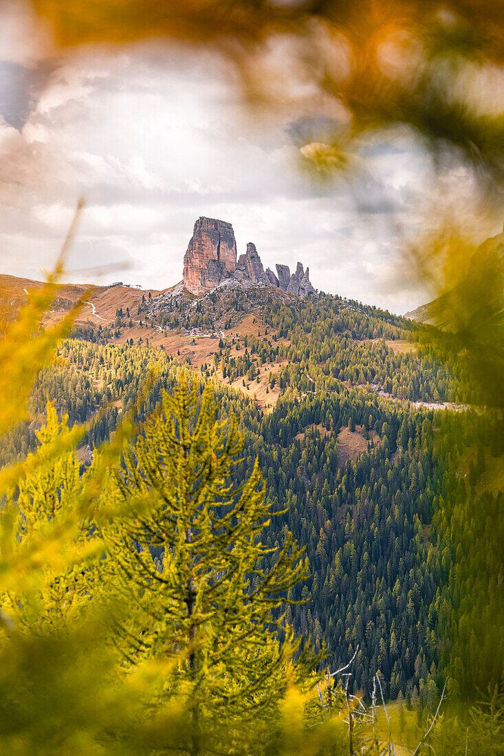 Fünf Türme, Bergwanderung zur Berghütte Croda da Lago um den Bergsee Lago Federa, Dolomiten, UNESCO Weltnaturerbe Dolomiten, Venetien, Venezien, Italien