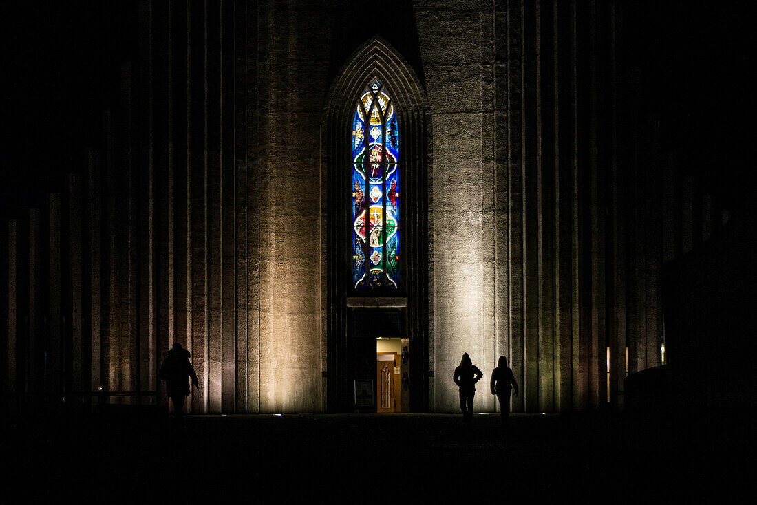 Hallgrímskirkja church entrance at night. Reykjavik, Iceland