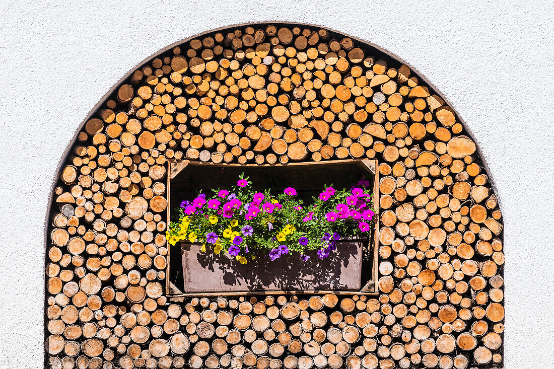 Holzvorrat für den Kamin, Blumenkübel, Truden, Südtirol, Alto Adige, Italien