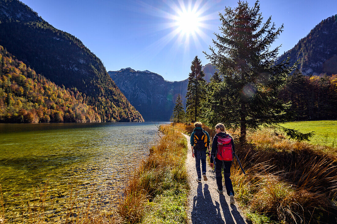 Wandern am Ufer, Königssee, Nationalpark Berchtesgaden, Berchtesgadener Alpen, Oberbayern, Bayern, Deutschland