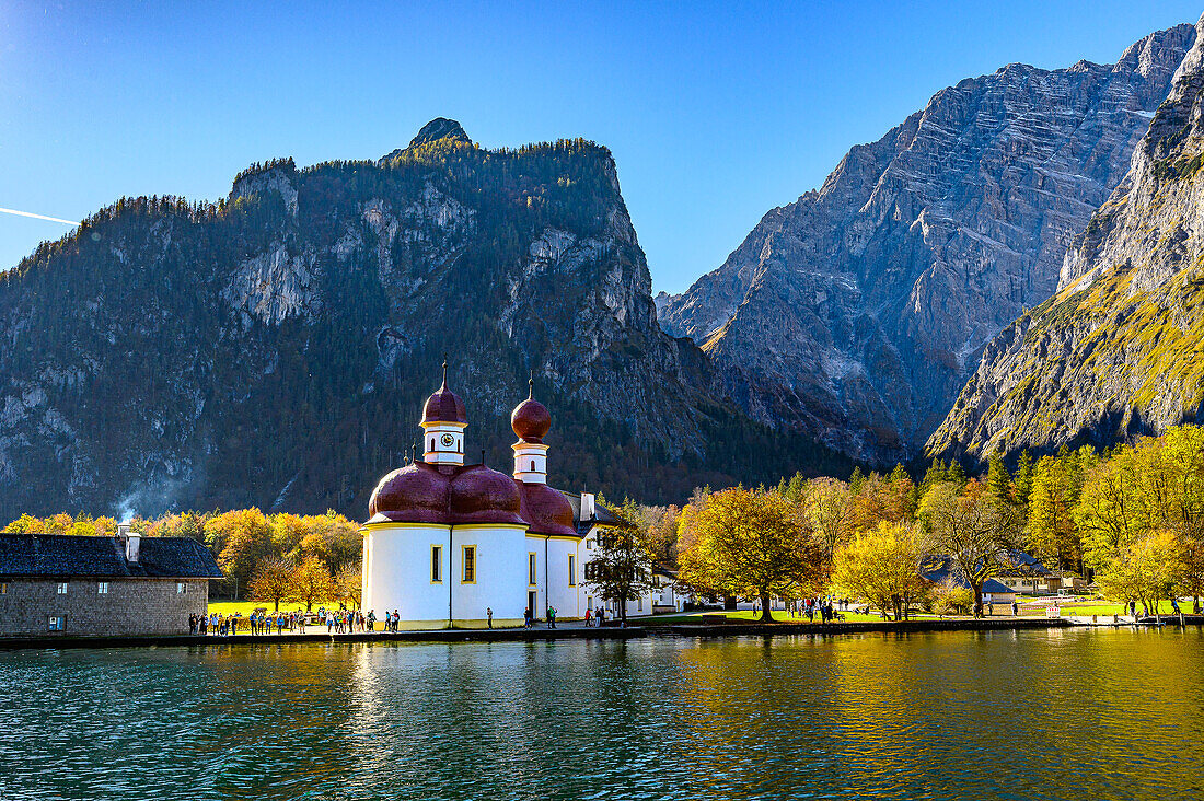 Tourist boat trip/shipping on the Königssee, Königssee with St. Bartholomä Church in front of the Watzmann east wall, Königssee, Berchtesgaden National Park, Berchtesgaden Alps, Upper Bavaria, Bavaria, Germany