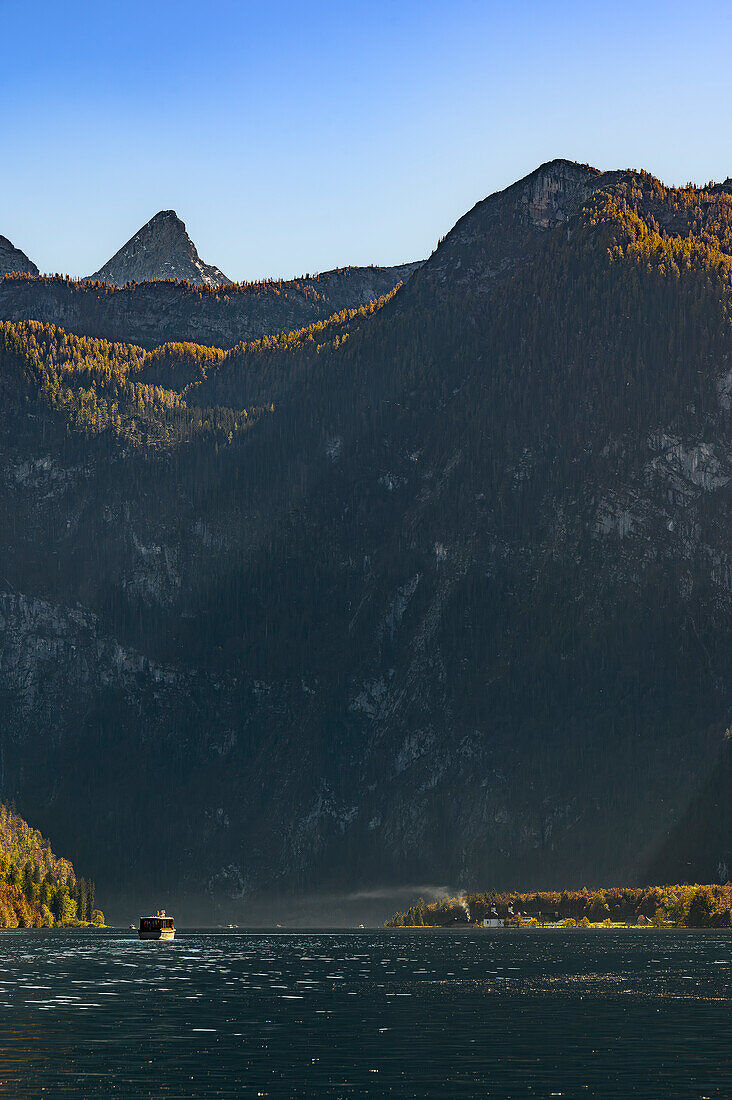 Tourist boat trip/shipping on the Königssee, Königssee with St. Bartholomä Church in front of the Watzmann east wall, Königssee, Berchtesgaden National Park, Berchtesgaden Alps, Upper Bavaria, Bavaria, Germany