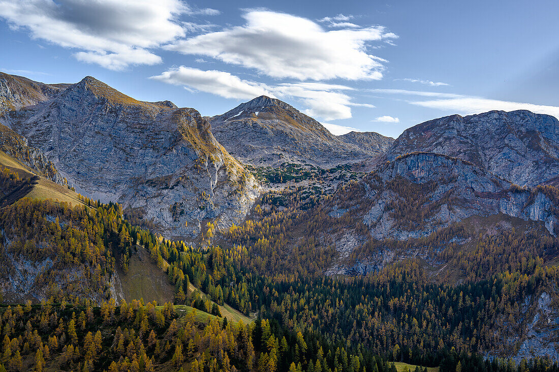 Blick vom Jenner auf Berge, Wandern auf den Berg Jenner am Königssee in den Bayerischen Alpen, Königssee, Nationalpark Berchtesgaden, Berchtesgadener Alpen, Oberbayern, Bayern, Deutschland