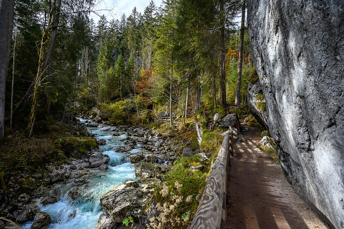 Wandweg Naturlehrpfad am Bach/Fluss Ramsauer Ache, wandern im Zauberwald am Hintersee im Bergsteigerdorf Ramsau. Ramsau bei Berchtesgaden, am Watzmann und Königssee, Nationalpark Berchtesgaden, Berchtesgadener Alpen, Oberbayern, Bayern, Deutschland