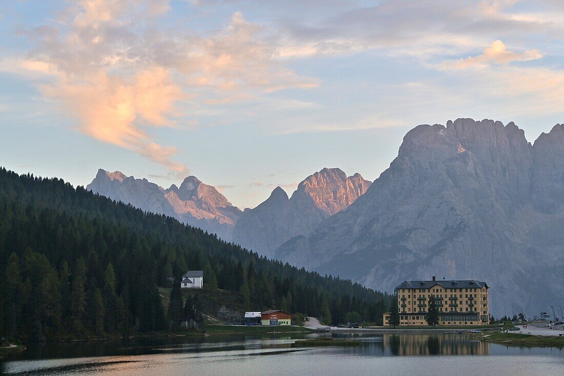 at Lake Misurina with Sorapis Massif, Belluno Dolomites, Veneto, Italy