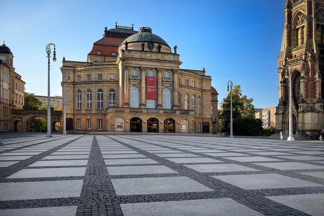 Opera house and Petrikirche on Theaterplatz, Chemnitz, Saxony, Germany, Europe