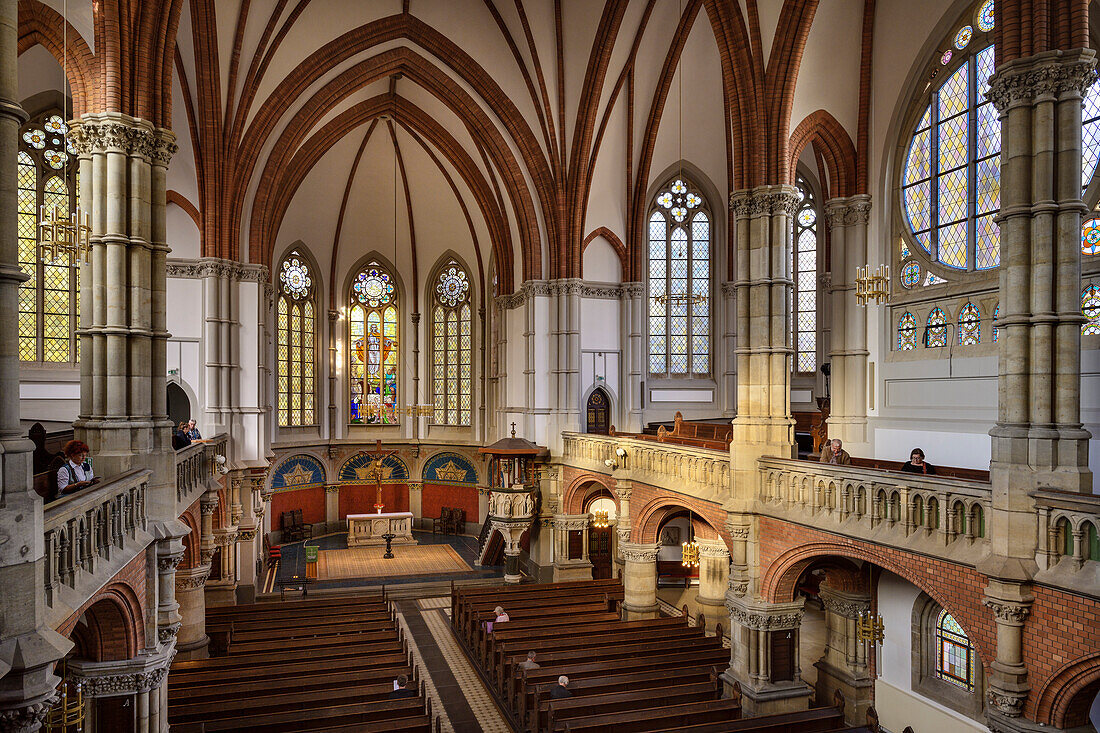 View from the gallery to the interior of the neo-Gothic St. Peter's Church on Theaterplatz, Chemnitz, Saxony, Germany, Europe