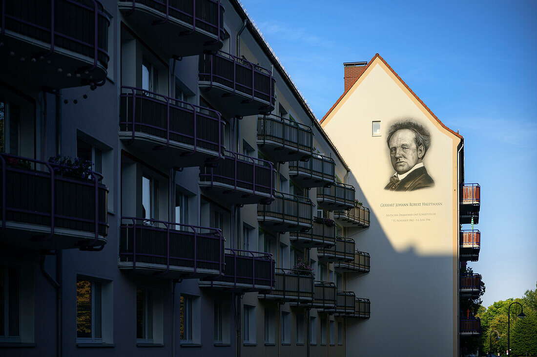 Painting by Gerhart Hauptmann on house facade at Kaßberg, Chemnitz, Saxony, Germany, Europe