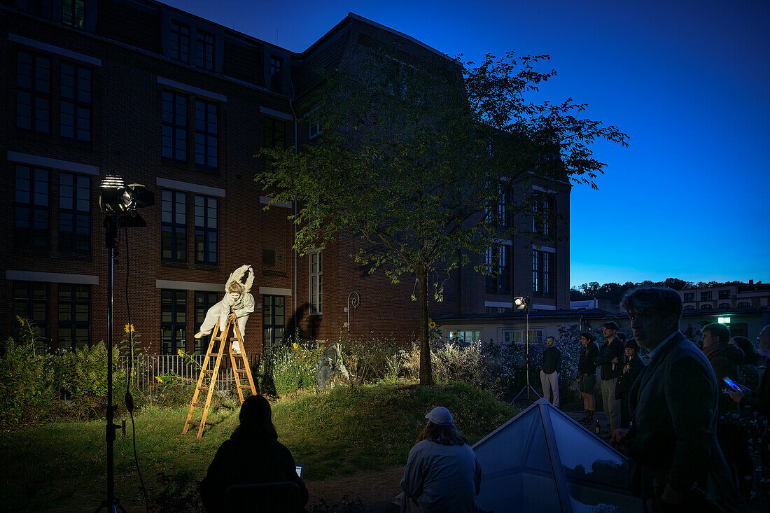 artistic performance on the roof terrace of the Wirkbau, Chemnitz, Saxony, Germany, Europe