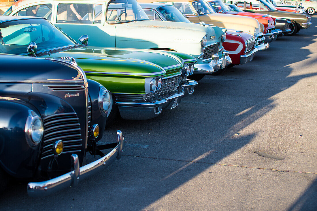 Lined up cars on the classic car show on the Viva Las Vegas rockabilly festival in Las Vegas, Nevada.