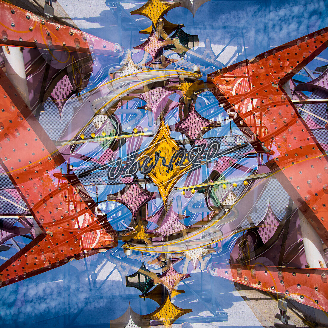 Double exposure of abandoned and discarded neon Stardust and Liberace autograph signs in the Neon Museum aka Neon boneyard in Las Vegas, Nevada.