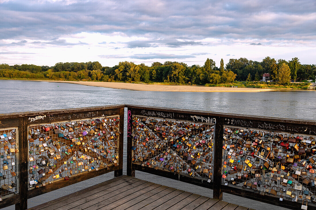 Wisła (Vistula, Wisla) and viewpoint with love locks and view of shore beach in Toruń (Thorn, Torun) in the Kujawsko-Pomorskie Voivodeship of Poland