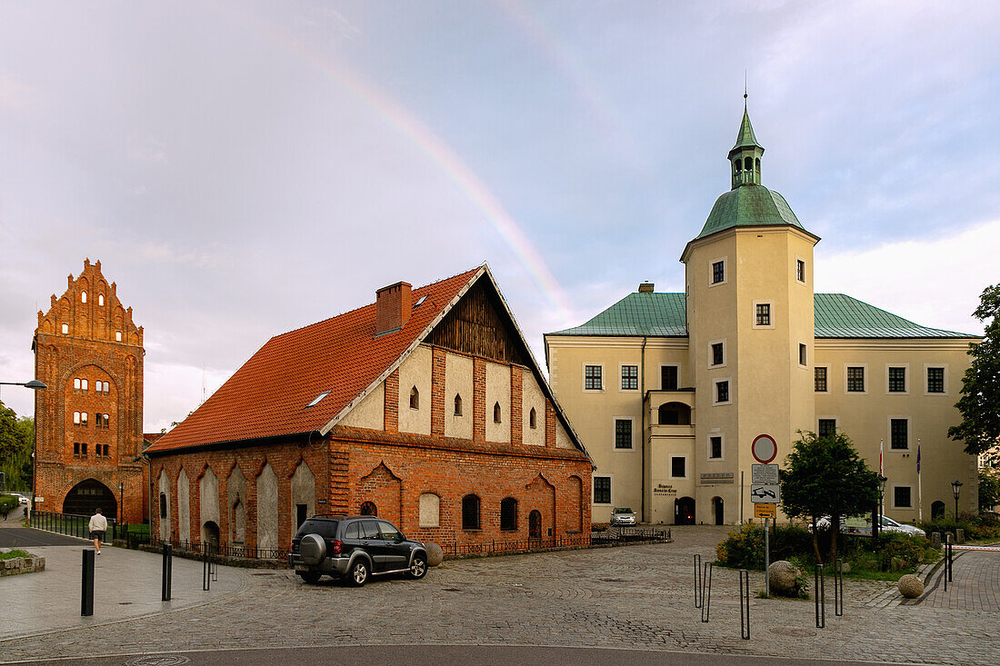 Mill Gate (Brama Młyńska, Brama Mlynska), Castle Mill (Młyn Zamkowy, Mlyn Zamkowy) and Griffin Castle (Zamek Książąt Pomorskich, Zamek Ksiazat Pomorskich) with rainbow in Słupsk (Stolp, Slupsk) in Pomorskie Voivodeship of Poland