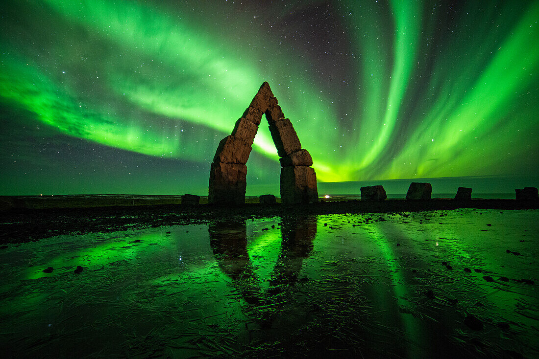 Northern lights at Arctic Henge, Heimskautsgerðið, Iceland