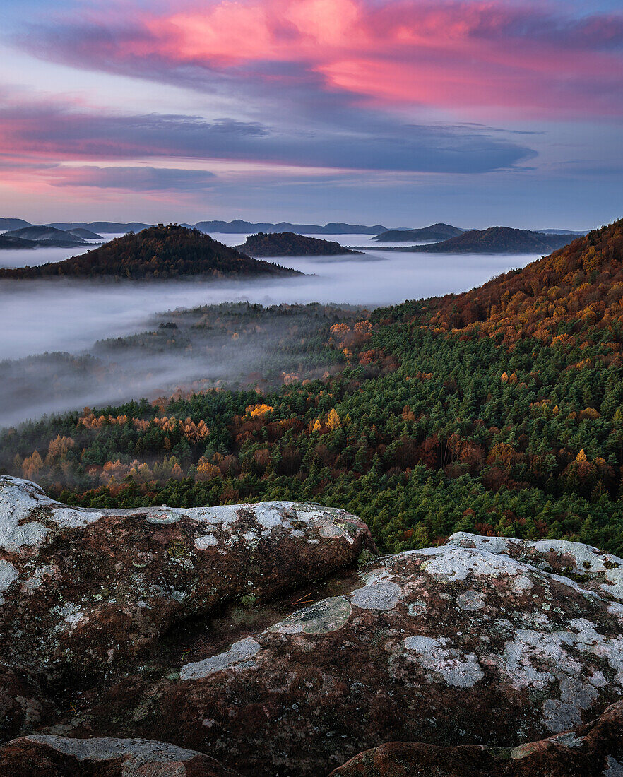 Sky red at Rötzenfels, Palatinate Forest, Rhineland-Palatinate, Germany