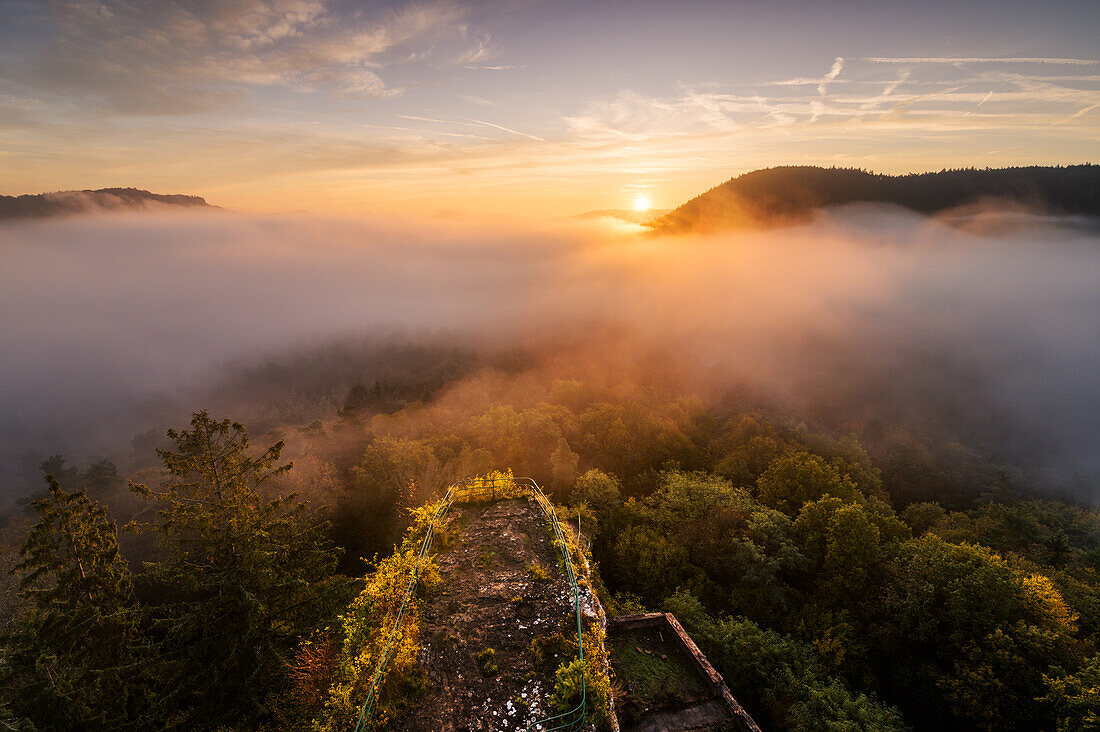 Sea of fog near Drachenfels Castle, Palatinate Forest, Rhineland-Palatinate, Germany