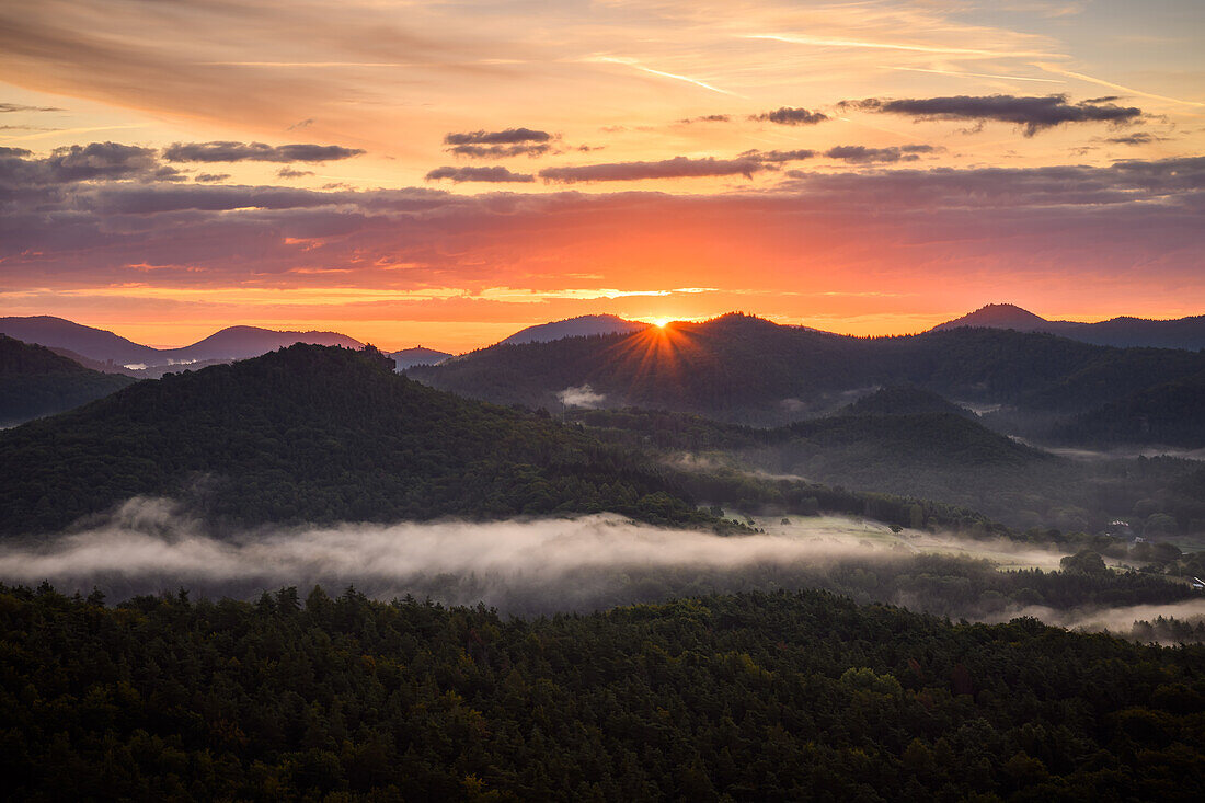 Sunrise over the Palatinate Forest, Palatinate Forest, Rhineland-Palatinate, Germany