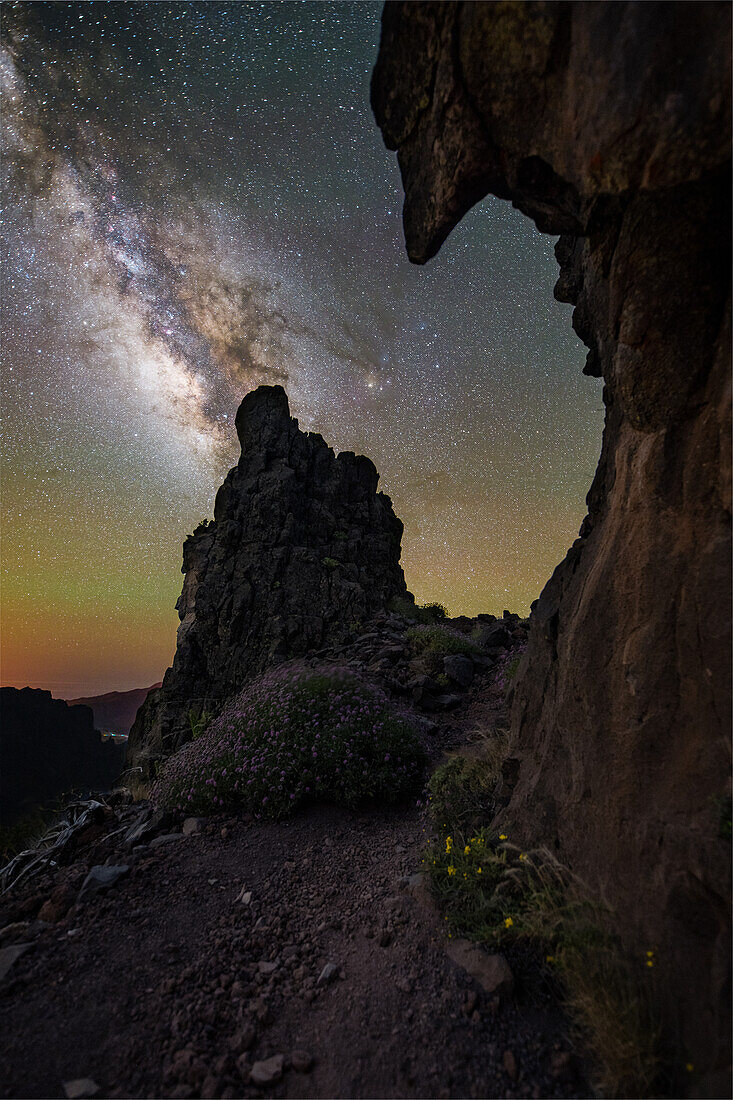 Hiking trail under the Milky Way, Caldera de Taburiente National Park, La Palma, Spain
