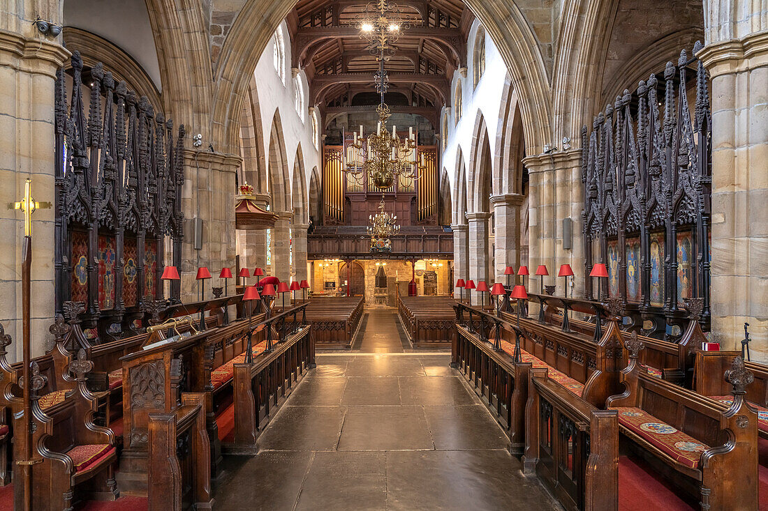 Innenraum der Lancaster Priory oder Priory Church of St Mary in Lancaster, Lancashire, England, Großbritannien, Europa