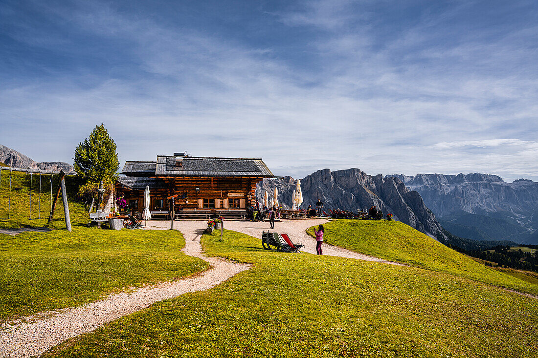 Managed hut in the Puez-Geissler Nature Park in autumn, Val Gardena, Bolzano, South Tyrol, Italy