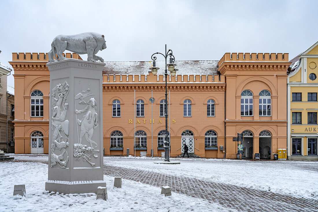  Lion Monument and the Old Town Hall on the market of the state capital Schwerin, Mecklenburg-Western Pomerania, Germany\n\n\n 