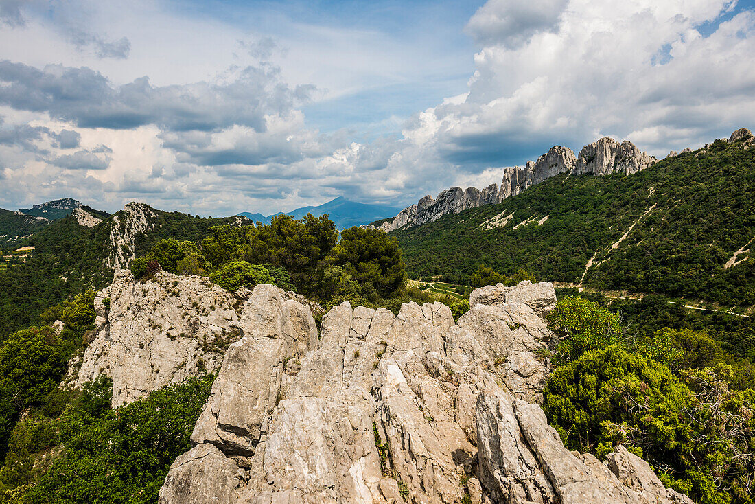 Blick auf die Felsen Dentelles de Montmirail, Département Vaucluse, Provence, Provence-Alpes-Côte dAzur, Frankreich