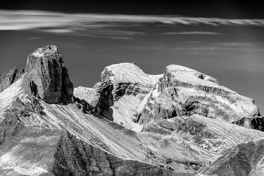 Schwabenalpenkopf, Hochebenkofel und Mitterebenkofel vom Paternsattel, Drei Zinnen, Dolomiten, UNESCO Weltnaturerbe, Venetien, Italien 