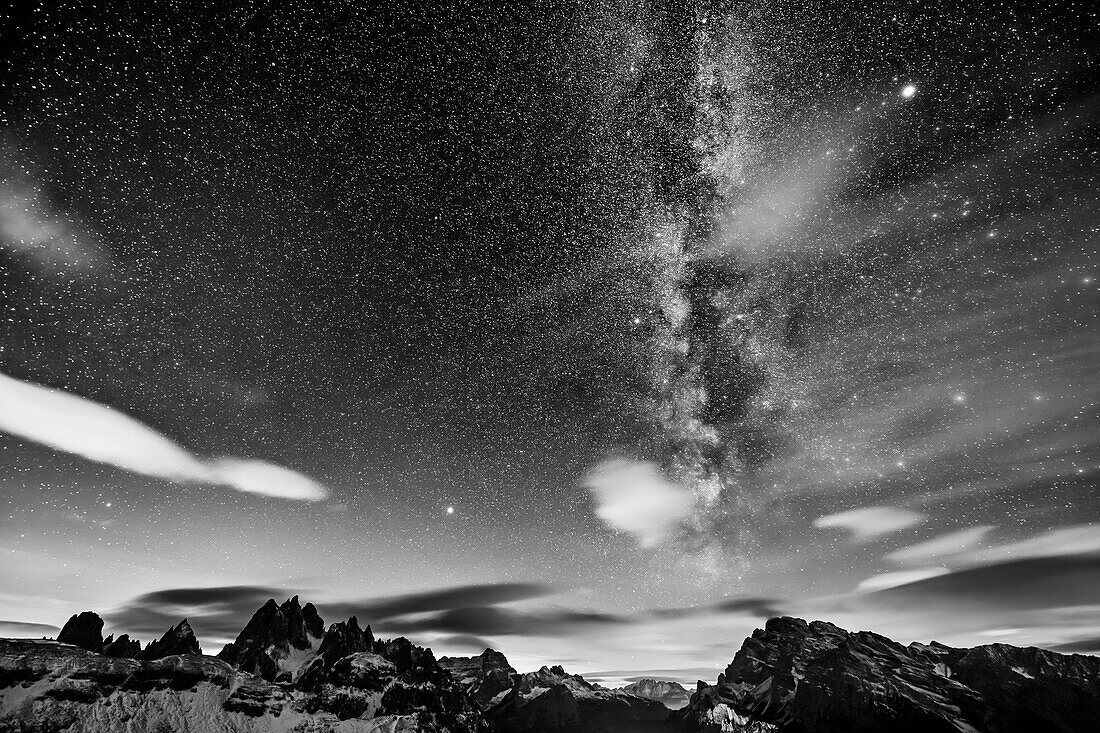 Starry sky with Milky Way over the Cadini group and Monte Cristallo, from the Three Peaks, Dolomites, UNESCO World Heritage Site, Veneto, Italy