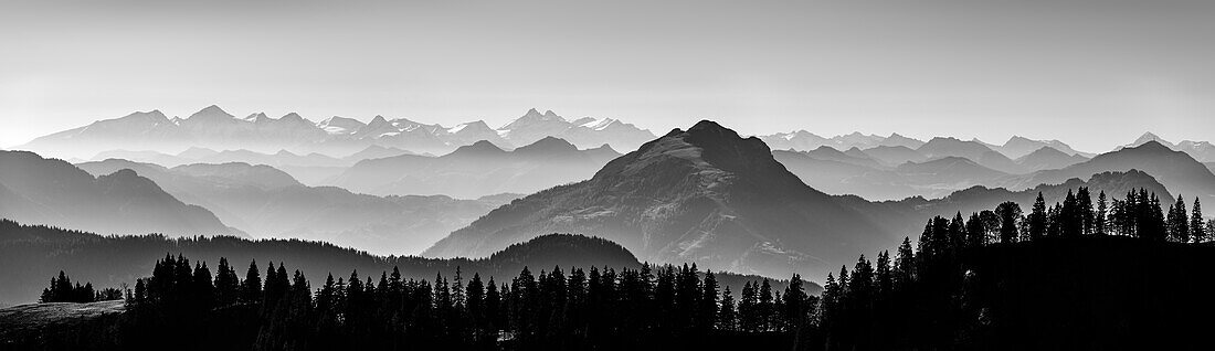 Panorama with mountain scenery of the Hohe Tauern with Wiesbachhorn and Großglockner, Unterberghorn in the foreground, from the Gederer Wand, Chiemgau Alps, Upper Bavaria, Bavaria, Germany