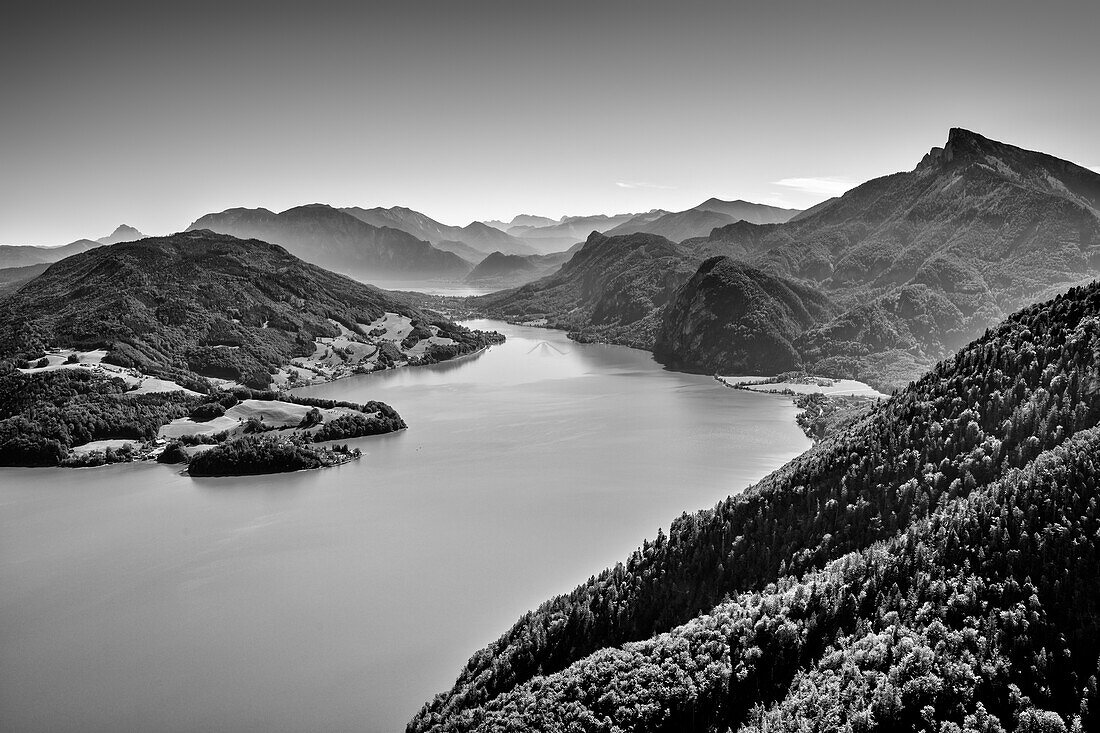 Mondsee and Schafberg, from the Drachenwand, Salzkammergut Mountains, Salzkammergut, Salzburg, Austria