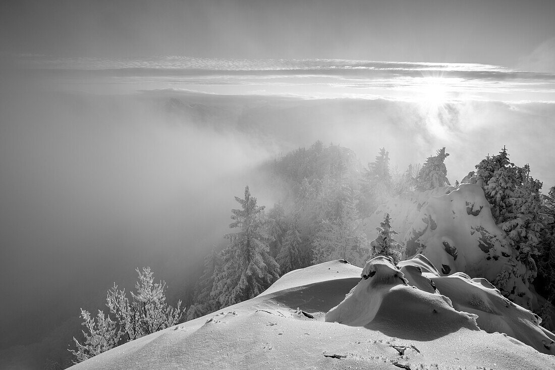 Foggy atmosphere on the snowy summit of the Schober, Schober, Salzkammergut Mountains, Salzkammergut, Salzburg, Austria