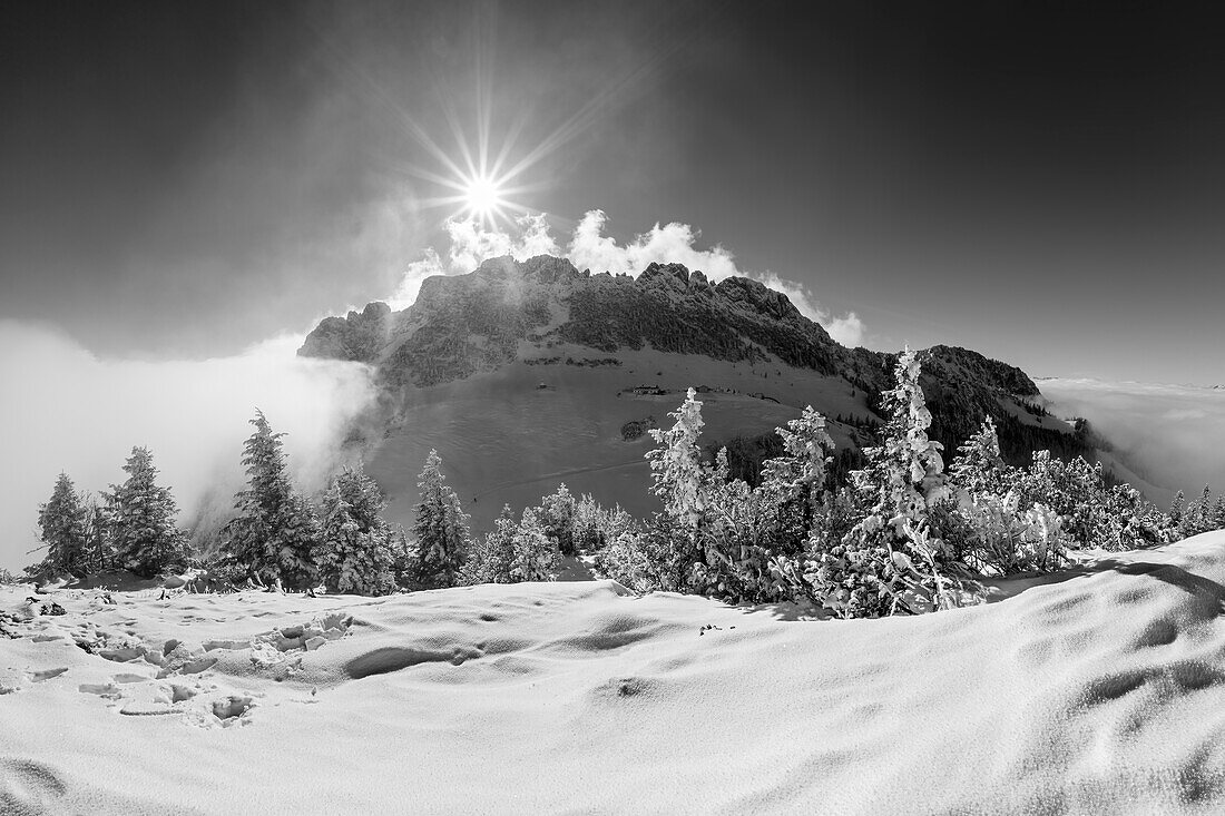 Talnebel umfließt die Felszacken der Kampenwand, vom Sulten, Chiemgauer Alpen, Chiemgau, Oberbayern, Bayern, Deutschland