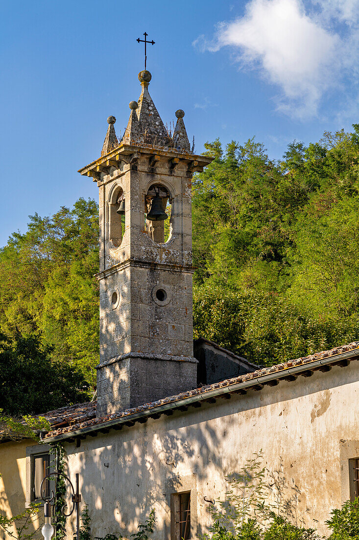 Santa Fiora, view of the tower of the Madonna della Neve church, Grosseto province, Tuscany, Italy, Europe